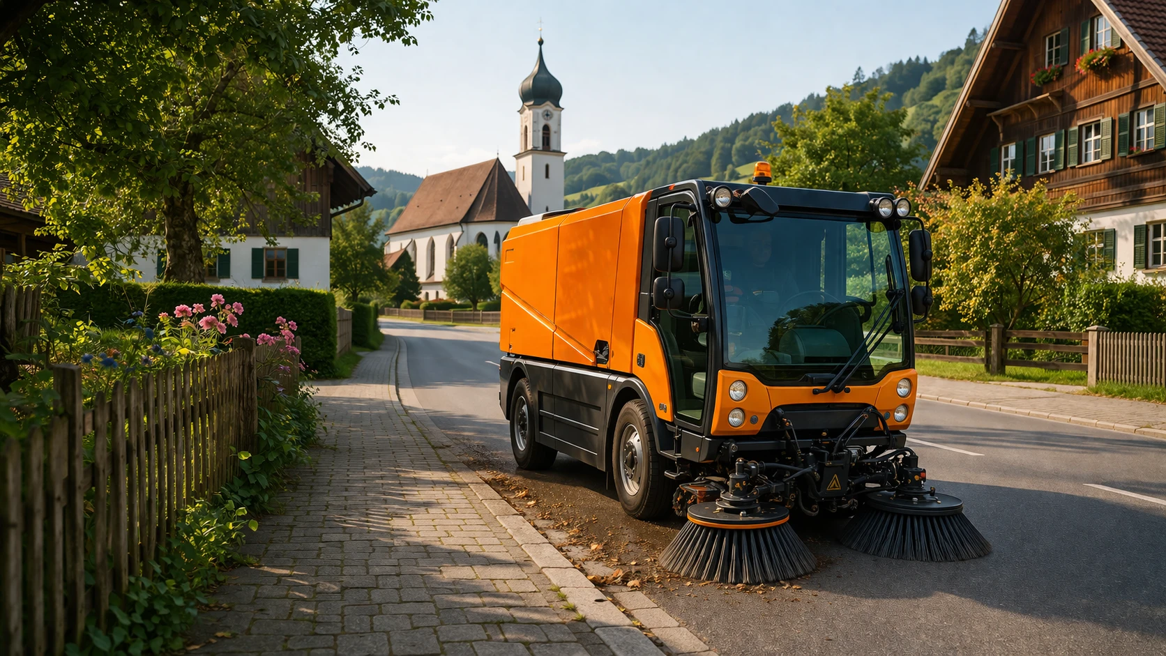 Kehrmaschine reinigt Gehweg und Straße in Wohngebiet